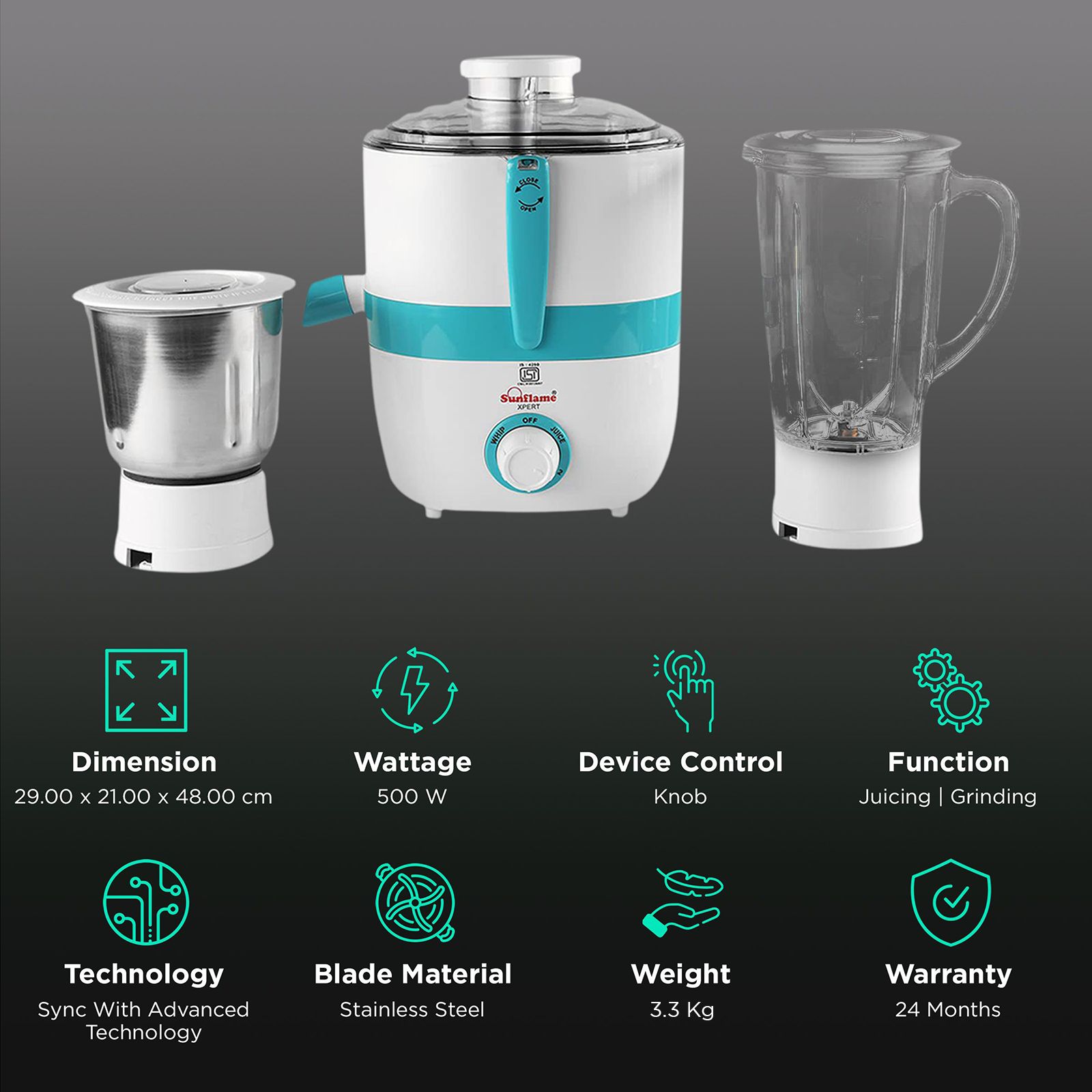 Buy Sunflame XPERT 500 Watt 2 Jars Juicer Mixer Grinder (3 Speed